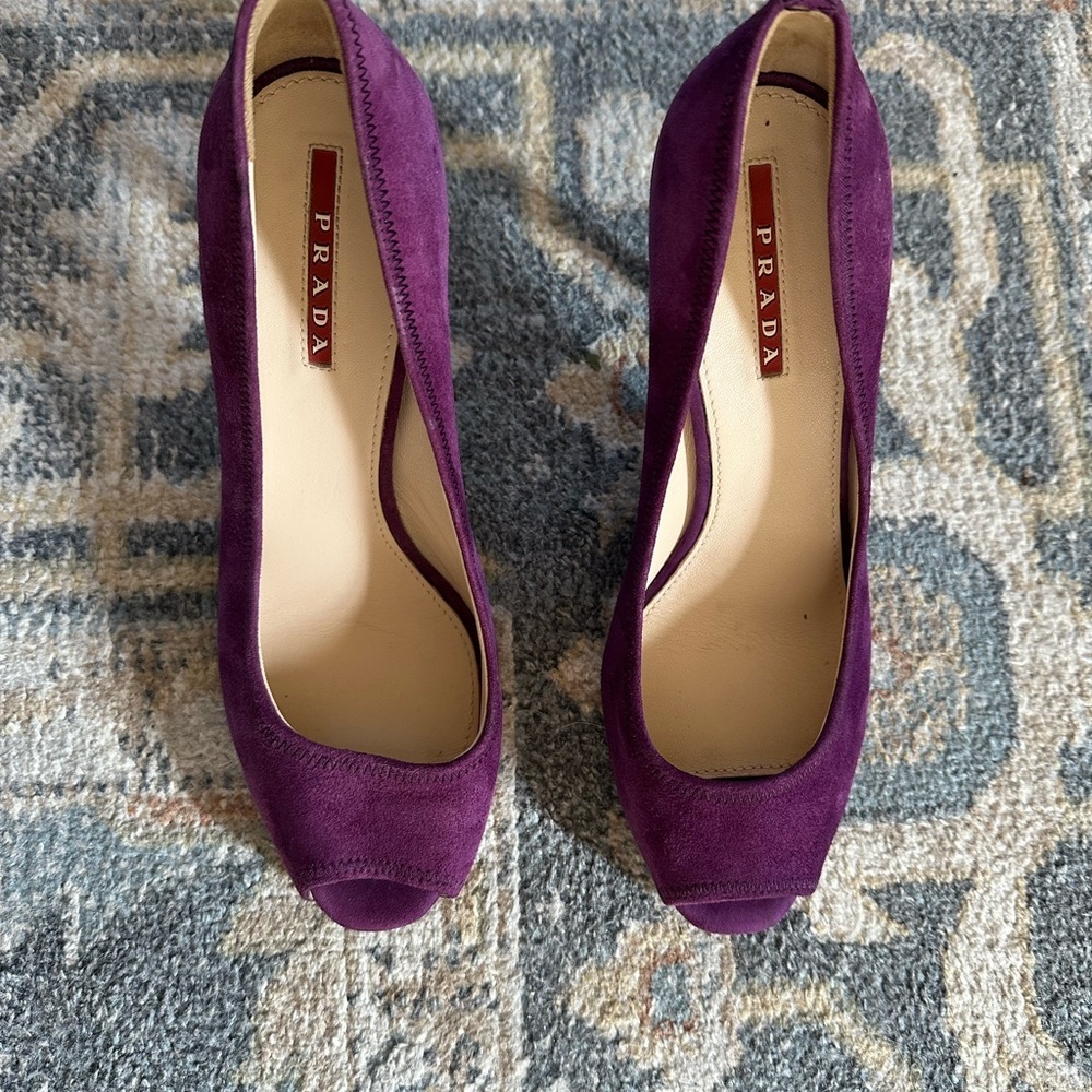 Sz 37 1/2 Prada Women's Purple Peep Toe Heels - Picture 11 of 11